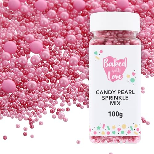 Baked with Love 100g Pink Candy Pearl Sprinkles | Edible Sugar Pearls, Resealable Bottle, Decorates 2 Cakes Or 24 Cupcakes, Assorted Sizes For Impact