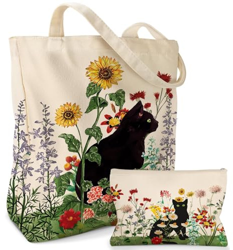 CharmBurst 2-teiliges Set Baumwolltasche Mit Katzenmotiv Und Kosmetiktasche, Bedruckter Stoffbeutel Tote Bag, Jutebeutel Geschenk Für Frauen Lehrer Kollegen Geburtstag