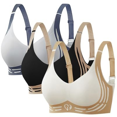 Sleep Bras for Women UK Anti Sagging Support Bra 3 Pack Super Firming Lifting Bras for Sagging Breasts Super Gather Wire-Free Push-Up Bra Non Wired Seamless Sports Bralettes Blue+Black+Beige 4XL