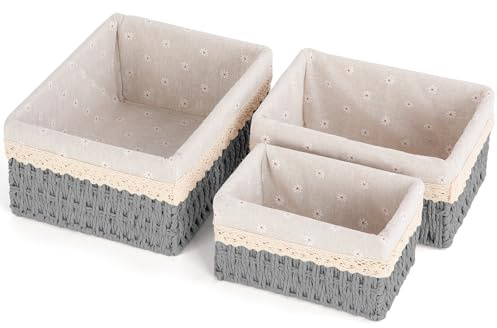 FoiiLiio 3 Stück Aufbewahrungskorb Korb Geflochten aus Papierseil mit Futter, Handgewebt Aufbewahrungkörbe Boho-Decor, für Wohnzimmer, Kinderzimmer, Bad, Geeignet Als Windel Organizer Körbchen (Grau)