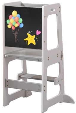 FUSIDE Baby Step Stool Toddler Learning Tower with Chalkboard Nursery Standing Kitchen Helper for Sink and Counter,white and Grey