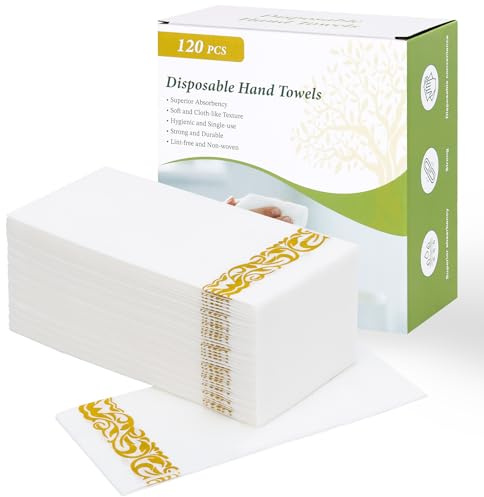 120 Pack Paper Napkins Disposable Paper Hand Towels Linen-Feel 12 x 17 Single-Use Bathroom Napkins for Guests, Disposable Cloth-Like Hand Tissue Paper, 55 GSM, Gold and White