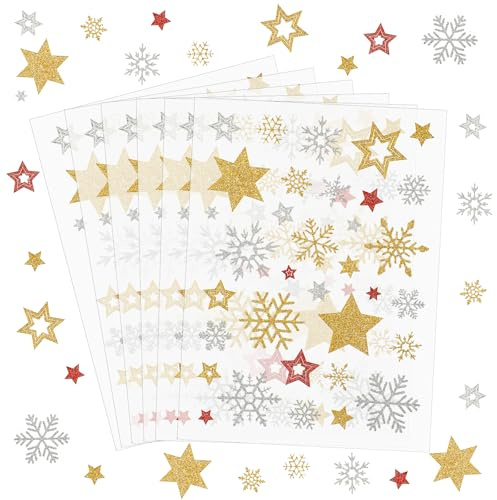 6 Bogen Weihnachtssticker, Aufkleber Weihnachten, Glitzer Weihnachten Sterne Sticker, Selbstklebende Schneeflocken und Gold Sternaufkleber für Winterbasteleien und Weihnachtsdeko