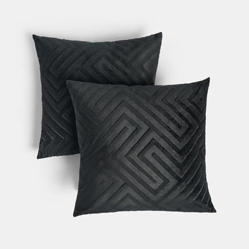 OHS Pack of 2 Cushion Covers 45 x 45cm Matte Velvet Cut Out Super Soft Decorative Square Throw Pillow Covers with Invisible Zipper for Sofa Couch Living Bedroom, Black