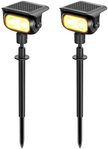 MEEKBOS Luces Solares LED Exterior para Jardín con Estaca, 3000K Luz Cálida, Sensor Crepuscular, IP65 Impermeables, Lámparas Solar para Camino, Patio, Césped y Paisajismo, Pack de 2