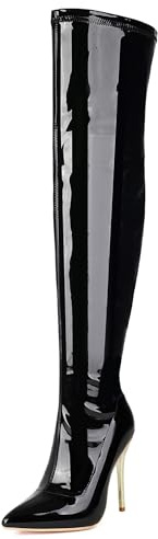 Lizoleor Tacco a Spillo Side con Cerniera Appuntito Donna Stivali Sopra Il Ginocchio Shiny Vernice Sposa Solid Color Long Stivali da Vestito Nero Numero 37 EU/38Cn