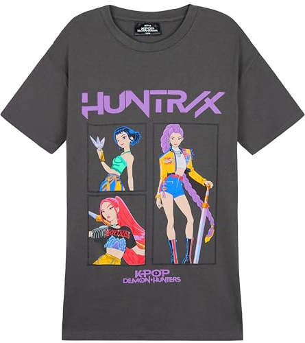 KPop Demon Hunters T Shirt for Girls Teens Officially Licensed Crew Neck Top Short Sleeve Tee Gifts for Girls (13-14 Years, Grey Huntrix)