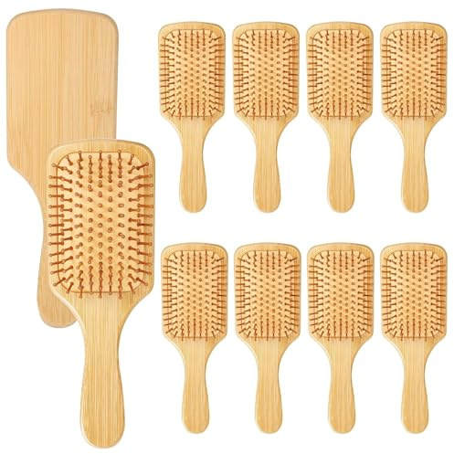 10 Pcs Bamboo Hair Brush Bulk Round-tipped Bamboo Bristles Detangling Brush Paddle Lightweight Massage Anti Static for Women Men and Children Stimulates Scalp for Hair Growth
