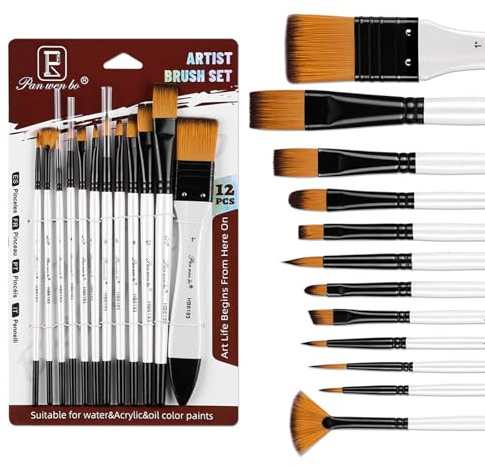 BRYXXA 12Pcs Different Sizes Art Paint Brushes Set, Professional Paint Brushes for Acrylic, Watercolour, Oil, Gouache, Body Face Painting