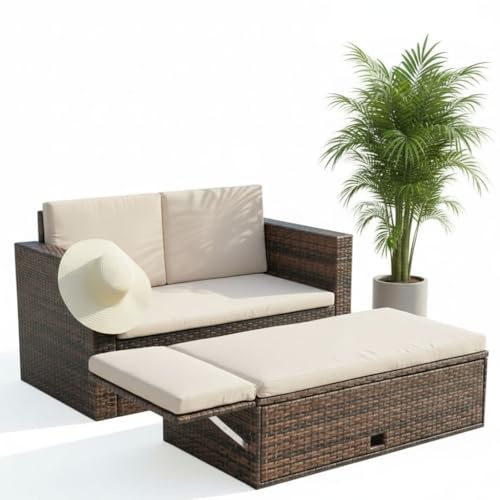 Mucola Polyrattan Lounge Set Gartenmöbel Sofa mit Ottomane Braun Beige | Stauraum unter der Sitzfläche, 5 cm starke Auflagen, Metallgestell pulverbeschichtet, wetterfest und leicht zu reinigen