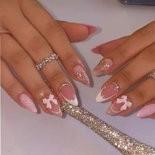 Almond French Tip Press auf Nägel, Mittlere rosa Kunstnägel mit 3D Rechteck Diamant Glitzer Designs, glänzende falsche Nägel mit Klebelaschen, 24Pcs Nagelset für Damen Maniküre