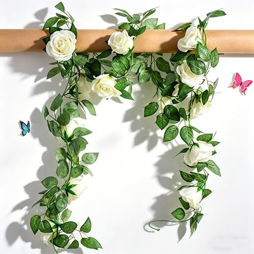Novastream 2 Pack White Artificial Flower Garland, 9 Roses per Garland, 220cm, Outdoor Wedding Party Home Decor