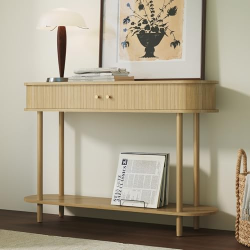 HOLTICO Konsolentisch mit Schubladen und Stauschrank, Eiche Schmal Konsolentisch mit Schiebetüren, Holz Konsolentische fürs Wohnzimmer, Eingang, Hausflur, Schlafzimmer