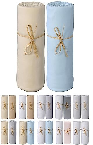 P'tit Basile - Lote de 2 sábanas bajeras Cuna 70x140 cm Ajustable Extensible con Gomas - 100% algodón orgánico, Beige/Azul