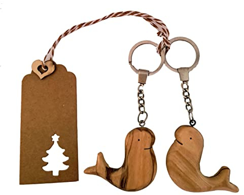CleanPrince 2 Stück Set Delfin Schlüsselanhänger Delphin Fisch Robbe ca. 115 mm mit Anhänger Holzanhänger Herzanhänger Liebe Olivenholz Israel Betlehem CleanPrince zu Weihnachten Freundschaftsschmuck Partnerschmuck Geschenk Angler Nordsee Geburtstag Holz