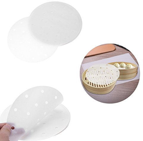 iiniim 100 Pièces Jetable Papier à Vapeur de Cuisine Rond Percé Parchemin Papier de Cuisson Vapeur en Bambou Doublures Papier Sulfurisé Anti-adhésif Blanc - 7 Pouces 100 Pcs