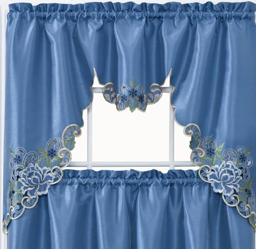GOHD Passionate Bloom Kitchen Curtain Swag Valance and Tier Set Nice Embroidery on Faux Silk Fabric with cutworks (Riverside Blue)
