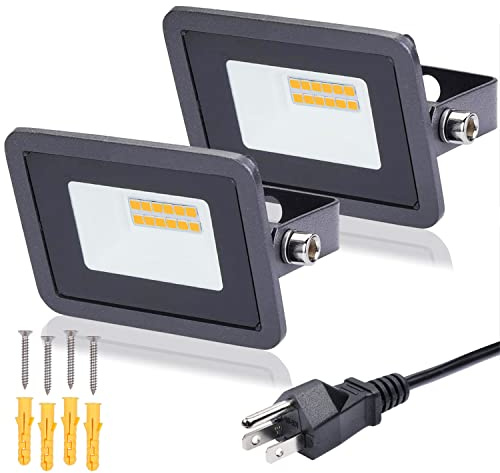 MIWAT 2Pack 10W Plug in LED Flood Light, Warm White LED Work Light, IP68 Waterproof Outdoor Floodlights for Terraces, Studios, Pathway