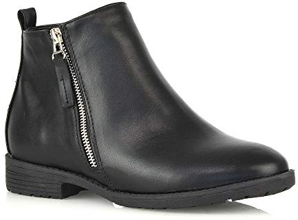 ESSEX GLAM Womens Chelsea Block Heel Riding Biker Metal Zip Ladies Flat Ankle Boots Size (UK 6 / EU 39 / US 8, BLACK SYNTHETIC LEATHER)