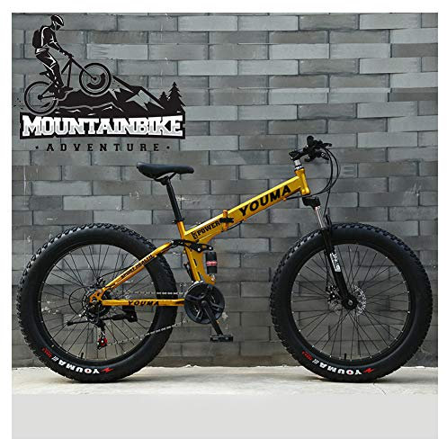 NENGGE Faltbare Vollfederung Mountainbike für Herren & Damen, Jungen Mädchen MTB mit Scheibenbremsen, Erwachsenen Fette Reifen Fette Reifen, Rahmen aus Kohlenstoffstahl,Gold,24 Inch 7 Speed