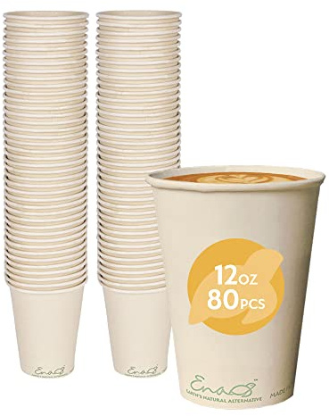 100% Compostable Disposable Coffee Cups [12oz 80 Pack] Paper Cups Made from Bamboo, Eco-Friendly, Biodegradable Premium Party Cups, Natural Unbleached by Earth's Natural Alternative
