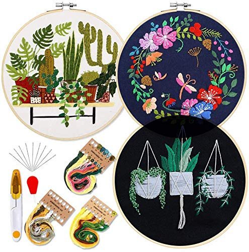 Copiel Anfänger Stickerei Set, 3 Sätze Embroidery Kit Cross Stitch, DIY Kreuzstich-Kit Handgefertigten Stick-Kits für Starter Erwachsene mit Stickrahmen Farbfäden und Werkzeug