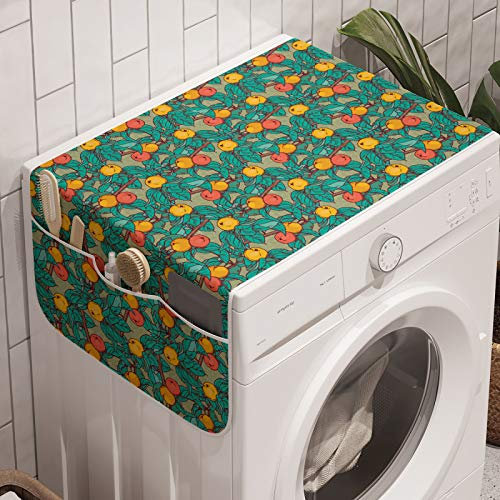 ABAKUHAUS Sommer Waschmaschinen-Organizer, Apfelbaum-Frucht-Blätter Kunst, Anti-Rutsch-Stoffabdeckung für Waschmaschine und Trockner, 47 cm x 120 cm, Türkis und Multicolor