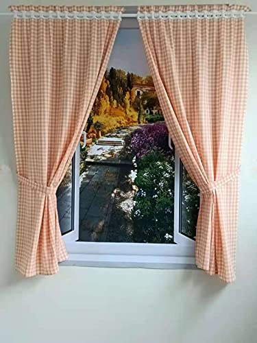 Yaland Gardiner med karo-mönster, landhusstil, karo-storlek 1x1cm, gardinstolar med raffhållare (HxB 120x80 cm, orange), 2 stycken