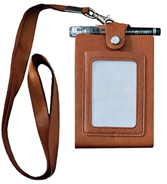 Teanea PU-Leder-Umhängeband, Meeting-Notizbuch, zum Aufhängen, Notizblock mit Ausweisfach und Stift, 8,9 x 14 cm, Braun