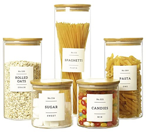 HHMJSM 5 Pcs Glass Food Storage Containers With 132 Pantry Labels Preprinted - Thicken(3mm) Jars Airtight Bamboo Lid Stackable Kitchen Canisters Set For Candy, Cookie, Rice, Sugar, Flour