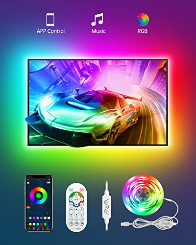 Daymeet LED-belysning för TV, bakgrundsbelysning, med fjärrkontroll, musiksynkronisering, Bluetooth-ansluten app-kontroll, 3 m, för 32-60 tums TV