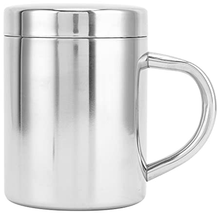 Tasse à Thé en Acier Inoxydable 304, Tasse à Café Argentée avec Couvercle et Poignée Confortable, Tasse à Eau Réutilisable et Durable, Tasse en Métal Polyvalente pour Café, Lait,(200 ml)