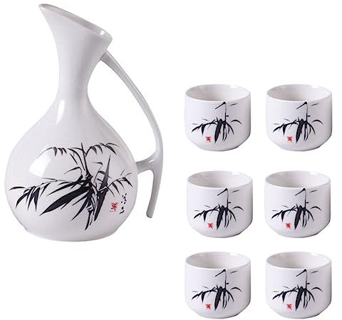 Cabilock Ceramic Sake Cups and Pot Set Antique Black Bamboo Pattern Household Wine Dispenser for Sake Serving 3-Piece Set