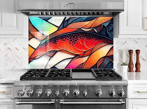 Myphotostation.com 35.4Wx14H''Tempered Glass Stained Backsplash Design Cooker Wall Backsplash Panel Glass Splashback for Kitchen Panel Design Stained Splashback Behind Stove