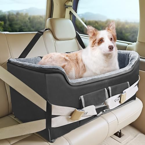Babenest Hunde Autositz, Sehr Stabiler Extra Groß Haustier Auto Erhöhter mit Sicherheitsgurt für Mittlere Hunde Reisen, Faltbare Waschbarer und Große Kapazitäter Auto Hundekorb für Rücksitz(XL)