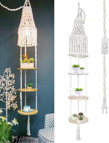 Macrame Lamp Shade and Hanging Plant Holder Shelf Indoor for Boho Bedroom Decor Plug in Pendant Light Hanging Light with Plug in Cord and Switch for Bohemian Office Corner Reading Light (Cream)