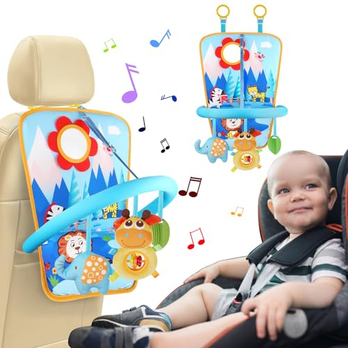 HOTUT Juguetes para viaje en coche bebé, juguetes para asiento de coche para bebés con espejo y 3 juguetes colgantes, juguetes para asiento trasero de coche para niños, juguete de actividad para bebés