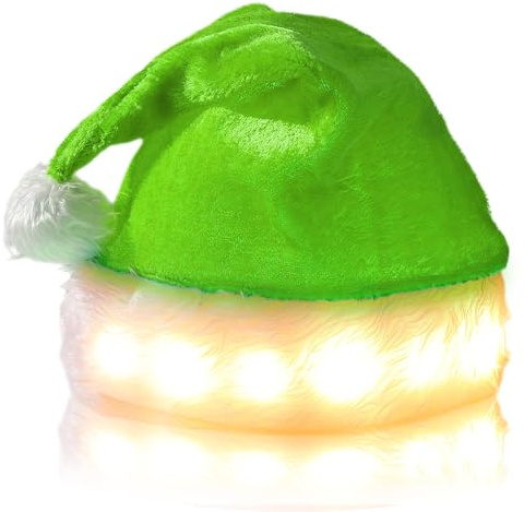 SPORWAY Weihnachtsmütze Nikolausmütze mit LED Lichter, Erwachsene Weihnachtsmütze Santa Mütze, Nikolaus Mütze Plüsch Weihnachten Mützen für Neujahr Festliche Weihnachtsfeier - Rot & Grün