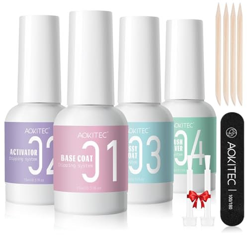 Aokitec Set de Polvo de Inmersión Líquido - Geles Base y Superior, Activador y Protector de Brochas para Sistema de Inmersión de Uñas - Kit de Manicura Francesa para Uso en Casa y Salón