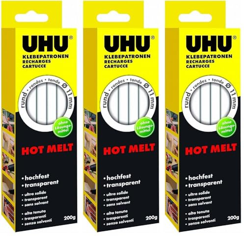 UHU Heißklebepatronen Hot Melt, Transparente Klebepatronen, 11 mm Durchmesser, transparent, 200g (Packung mit 3)