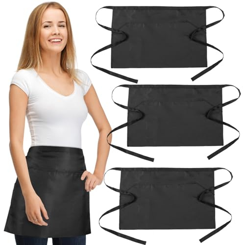GWHOLE 3 Pcs Aprons for Waist Waitress Short Black Apron with 3 Pockets for Chef Baker Bartender Craftsmen Men and Women