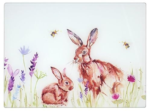 LESSER & PAVEY Hares Toughened Glass Cutting Chopping Board Serving Bees Floral Nature Pattern