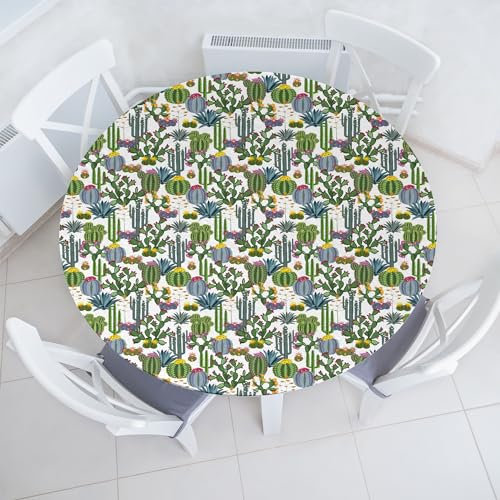 ABAKUHAUS Kaktus Elastisches Rundtischtuch, Blue Agave und Feigenkaktus, Rundum-elastische Stofftischdecke, 114 cm - 142 cm, Mehrfarbig