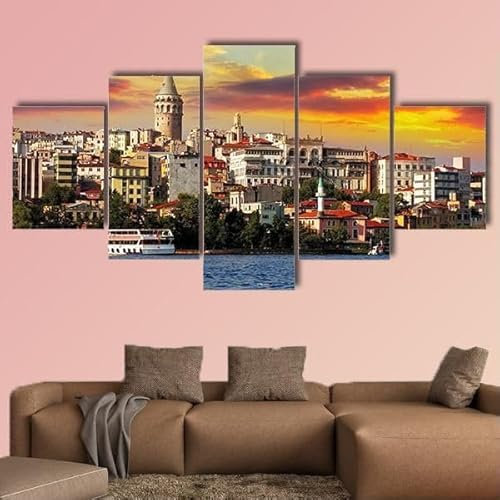 FatAco 5 Stück Wandkunst Leinwanddrucke Istanbul bei Sonnenuntergang Bild Malerei Moderne gestreckt gerahmte Wand Kunstwerk für Badezimmer Home Office Decor