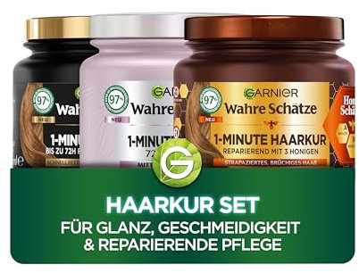 Garnier Wahre Schätze Haarkur Set - 3x 340ml - Reiswasser, Akazienhonig & Anziehende Aktivkohle - Für Glanz, Geschmeidigkeit & Reparierende Pflege