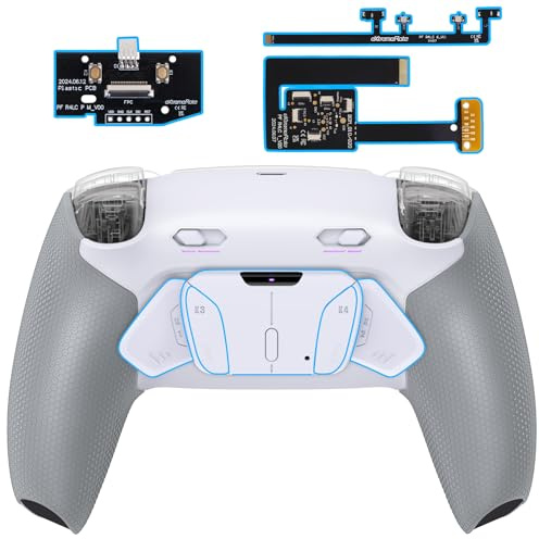 eXtremeRate RISE4 Plus MAX Remap Kit für ps5 Controller BDM-010/020, Re-Design Gummiert Griff Rückgehäuse&Back Paddles Aufsatz&Einstellbar Clicky Trigger Modul Kit für ps5 Controller-Weiß Grau