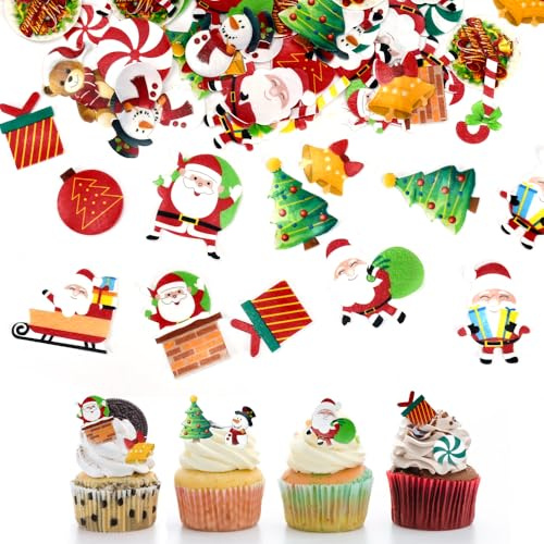 EUIEUT 120 Pezzi Decorazioni Natalizie Commestibili per Torte Topper per Torte Natale Decorazioni Natalizie per Cupcake Natale Cupcake Topper per Decorare Torte Cupcakes Biscotti Frutta Gelati