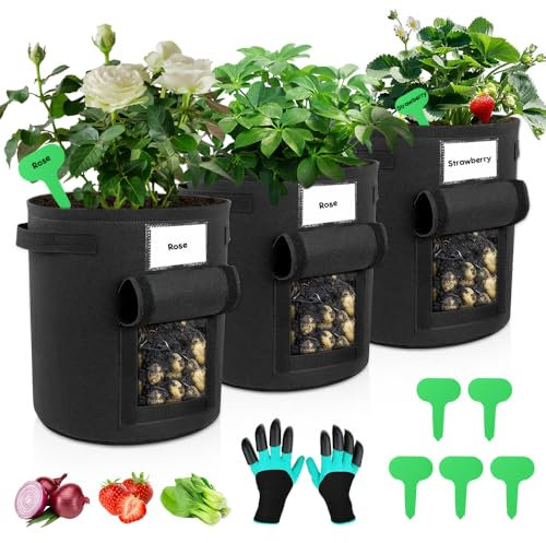 Riisoyu Lot de 3 sacs de plantation pour pommes de terre - 7 gallons - Avec 5 étiquettes pour plantes et 1 paire de gants - Sac de plantation en tissu non tissé avec poignées - Pour jardin d'enfants