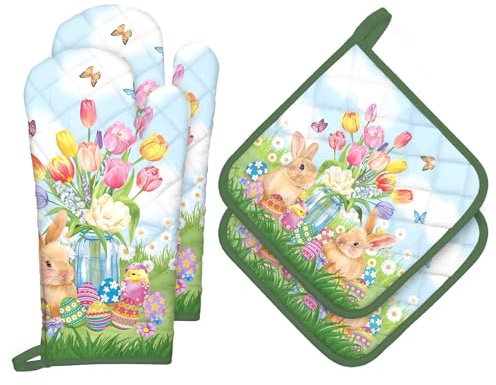 Arquiel Frühling Hase Ofenhandschuh und Topflappen 4er-Set Baumwolle | Baumwoll-Küchenset mit Frühling Hase-Motiv, hitzebeständig und praktisch zum Kochen, Backen und Grillen.