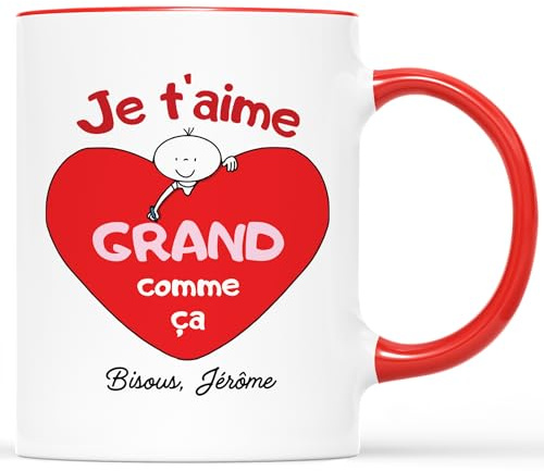 𝗖𝗔𝗗𝗘𝗔𝗨 𝗣𝗟𝗨𝗦 Mug Personnalisé Texte - Je t'Aime Grand Comme Ça - Cadeau Pour Son Amoureux, Cadeau Saint Valentin, Tasse Couple Amoureux, Mug Je t'Aime, Tasses Saint Valentin, Tasses Coeur